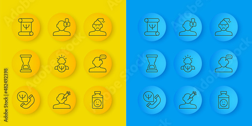 Set line Online psychological counseling, Old hourglass, Psychology, Antidepressants, book, Concussion, headache and Closed personality icon. Vector