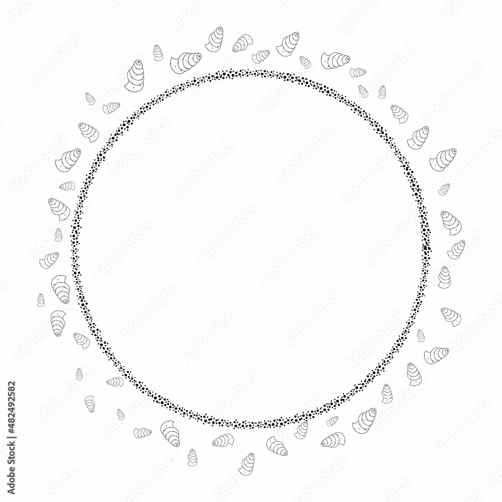 Seashell vector frame for text. Round frame for text with shells and sand monochrome. Design element for banner, card, invitation, flyer. Seashell vector frame for text. Round frame for text with shells and sand monochrome. Design element for banner, card, invitation, flyer.
