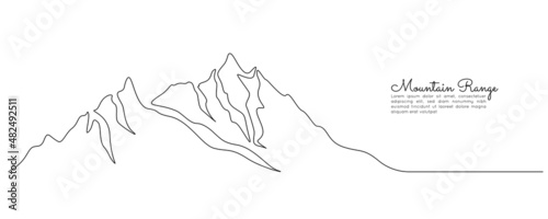 One continuous line drawing of mountain range landscape. Mounts with high peak in simple linear style. Adventure winter sports climbing and hiking tourism concept . Doodle vector illustration