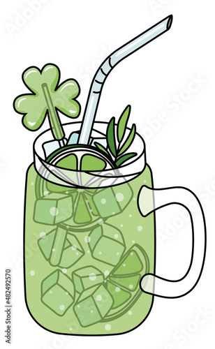 Saint Patricks Day special Lynchburg Lemonade cocktail mocktail with Irish trefoil shamrock clover leave lollipop and lime. Doodle cartoon vector illustration isolated on white background.