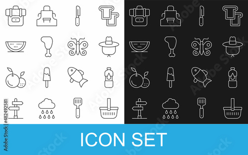 Set line Picnic basket, Bottle of water, Camping hat, Knife, Chicken leg, Watermelon, Hiking backpack and Butterfly icon. Vector