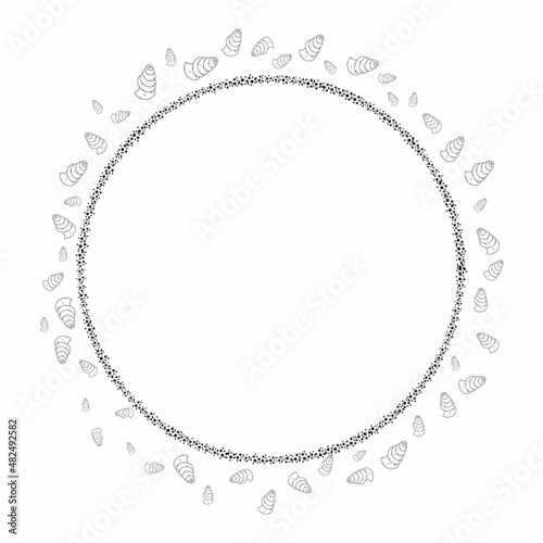 Seashell vector frame for text. Round frame for text with shells and sand monochrome. Design element for banner, card, invitation, flyer.