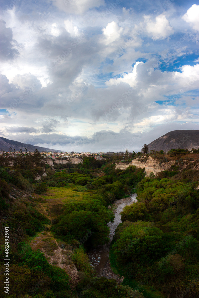 Landscape with a river, trees and clouds in Mitad del Mundo, Ecuador