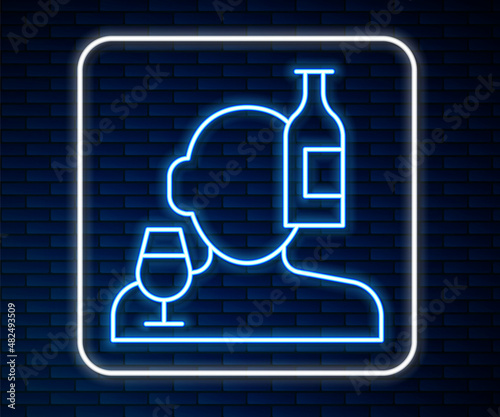 Glowing neon line Alcoholism, or alcohol use disorder icon isolated on brick wall background. Vector