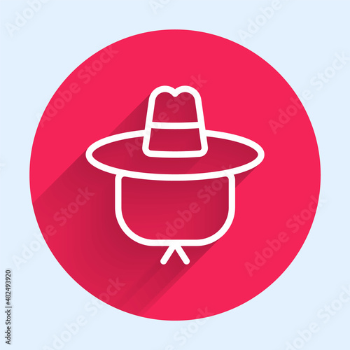White line Camping hat icon isolated with long shadow background. Beach hat panama. Explorer travelers hat for hunting, hiking, tourism. Red circle button. Vector
