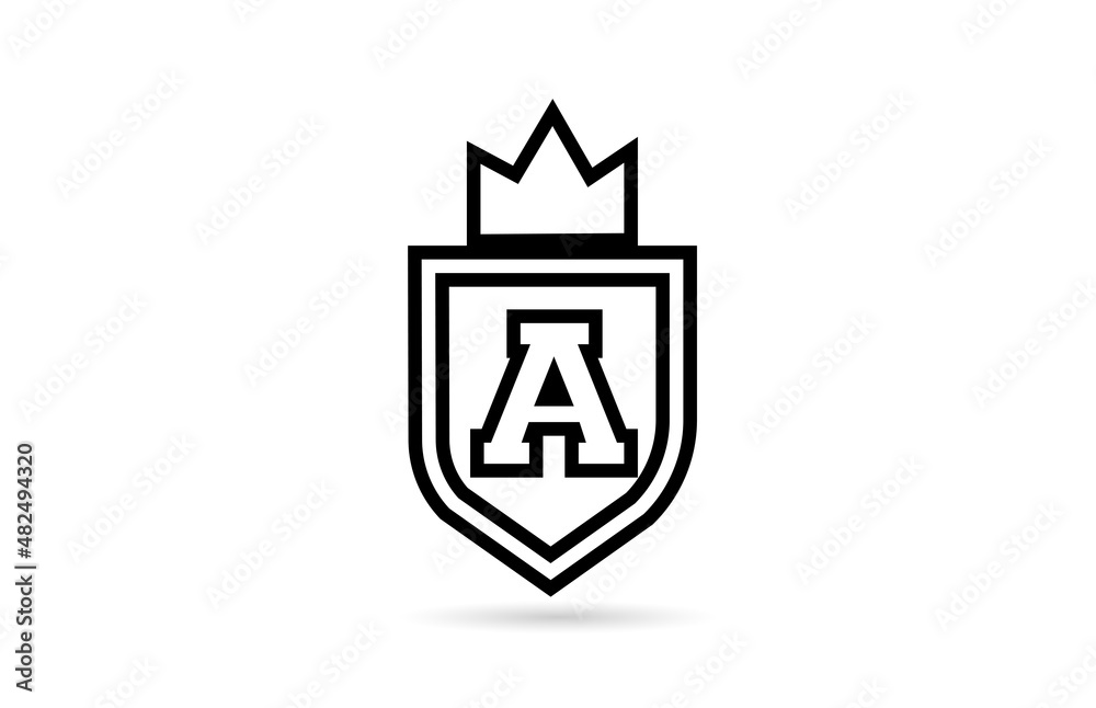 black and white A alphabet letter icon logo with shield and king crown line design. Creative template for business and company
