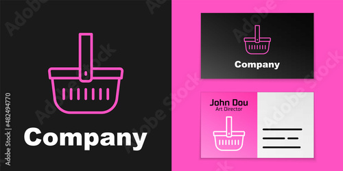 Pink line Picnic basket icon isolated on black background. Logo design template element. Vector