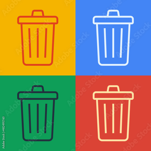 Pop art line Trash can icon isolated on color background. Garbage bin sign. Recycle basket icon. Office trash icon. Vector