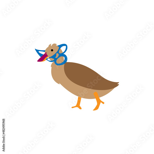 Isolated duck trapped in six pack plastic rings Vector illustration