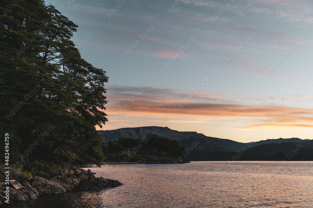 sunset on the lake coast