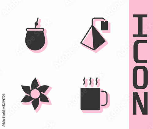 Set Cup of tea, Mate, Flower and Tea bag icon. Vector