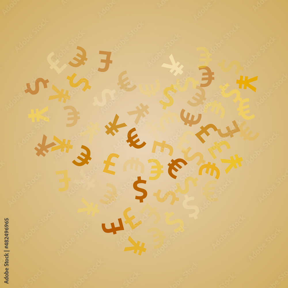 Euro dollar pound yen golden icons scatter currency vector design. Business backdrop. Currency Euro dollar pound yen golden icons scatter currency vector design. Business backdrop. Currency