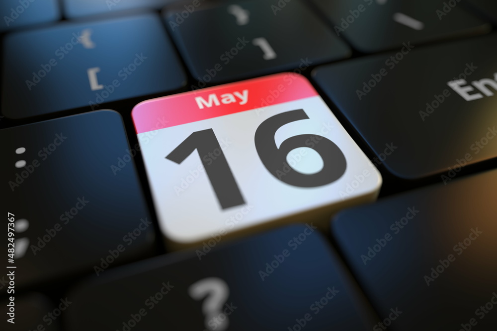 May 16 date on a keyboard key, 3d rendering May 16 date on a keyboard key, 3d rendering