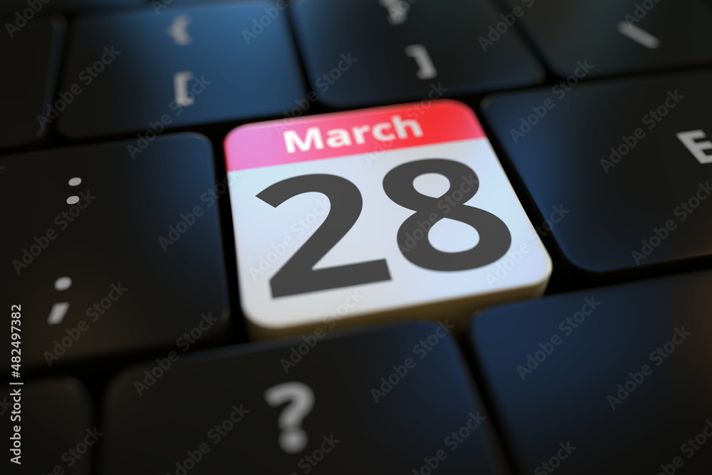 March 28 on a keyboard key, 3d rendering March 28 on a keyboard key, 3d rendering