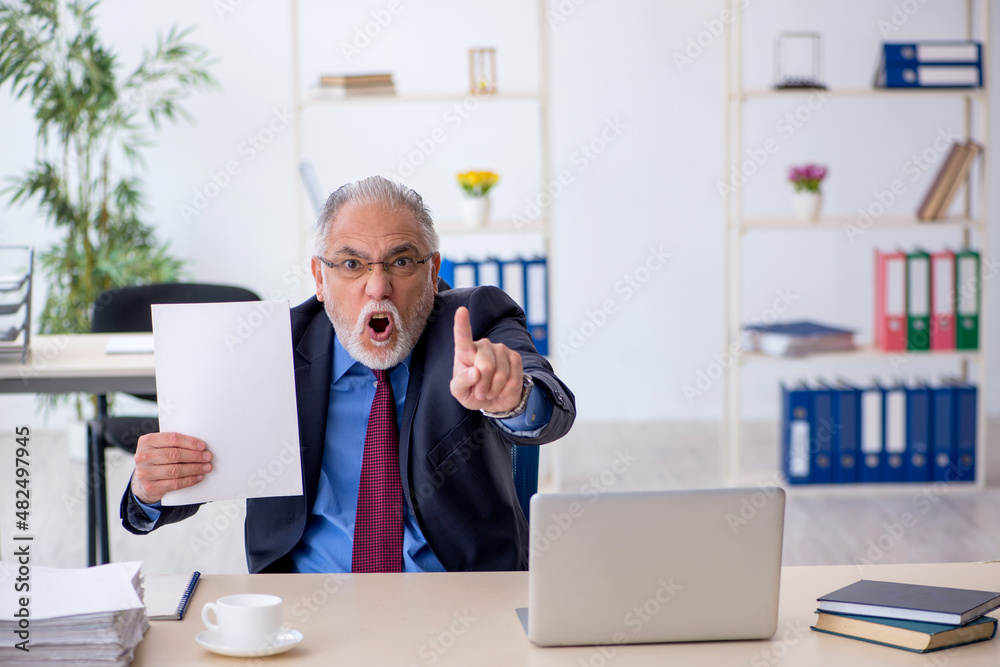 Old male employee working in the office Old male employee working in the office
