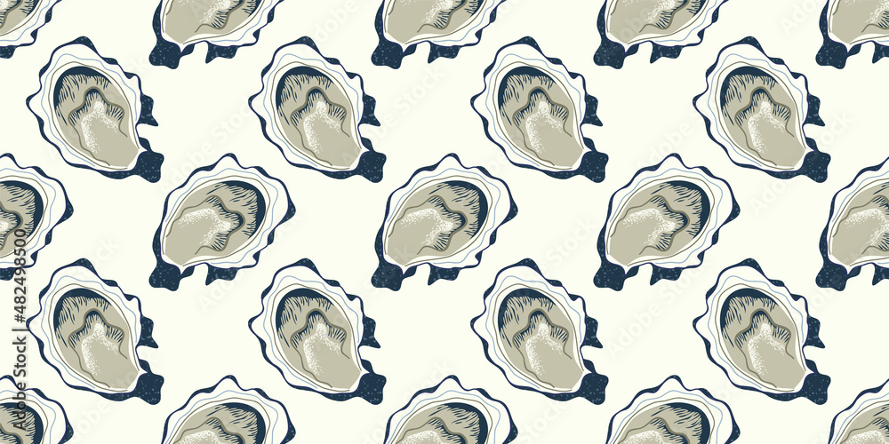 Oyster sea shell seamless pattern. Summer sea food background design