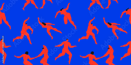 Colorful red people dancing on bright blue color background. Abstract contemporary dance seamless pattern illustration concept. Diverse men and women body moving.