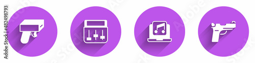 Set Money gun, Drum machine music, Laptop with and Pistol or icon with long shadow. Vector