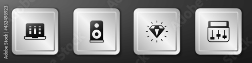 Set Sound or audio recorder, Stereo speaker, Diamond and Drum machine music icon. Silver square button. Vector