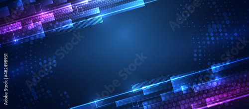 Hi-tech computer digital technology concept. Abstract technology communication vector illustration. Wide Blue background with various technological elements.