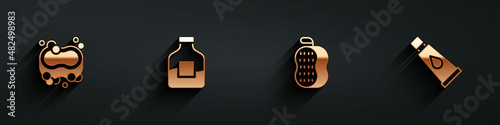 Set Bar of soap, Bottle vodka, Washcloth and Cream or lotion cosmetic tube icon with long shadow. Vector