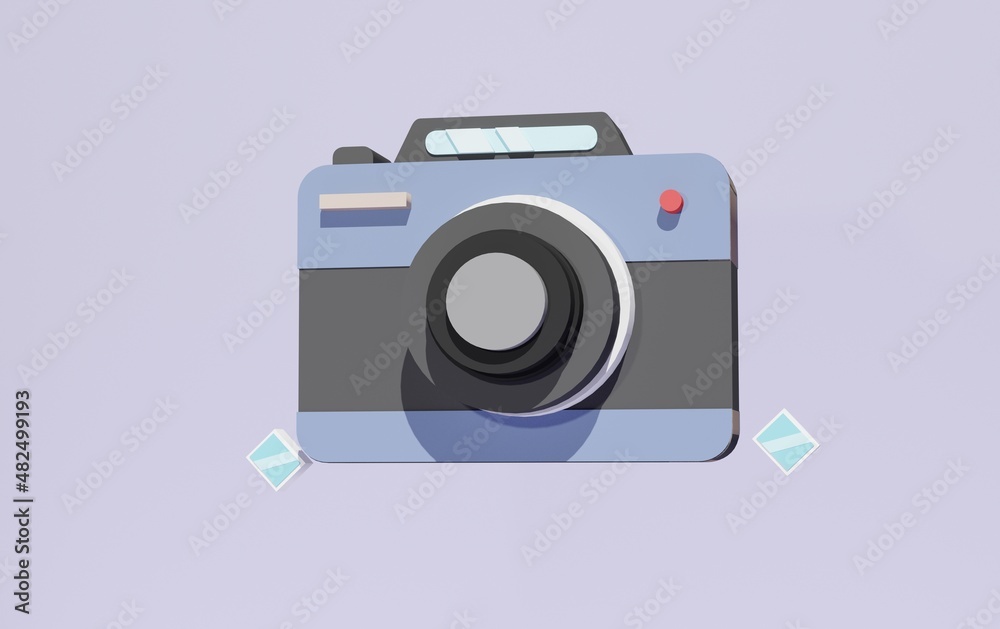 3D camera on purple background with photo sheet, technology and photography theme. 3d rendering illustration 3D camera on purple background with photo sheet, technology and photography theme. 3d rendering illustration