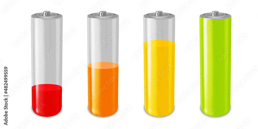 Battery charge full power energy level. Recharge battery indicator. Low power mibile fuel Battery charge full power energy level. Recharge battery indicator. Low power mibile fuel