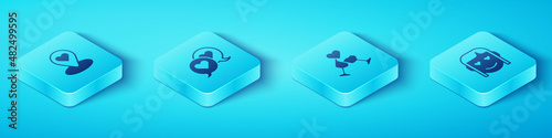 Set Isometric Location with heart, Heart in speech bubble, Romantic girl and Glass of champagne icon. Vector
