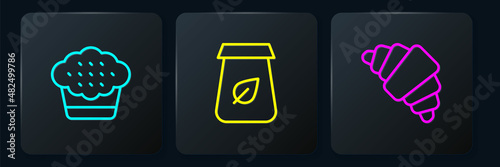 Set line Muffin, Croissant and Tea packaging. Black square button. Vector