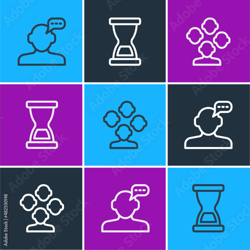 Set line Online psychological counseling, Schizophrenia and Old hourglass icon. Vector