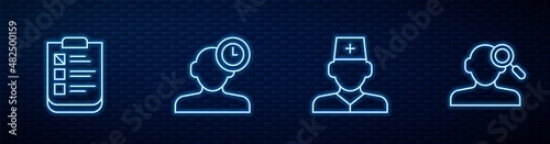 Set line Male doctor, Psychological test, Insomnia and Finding problem in psychology. Glowing neon icon on brick wall. Vector