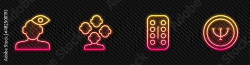 Set line Sedative pills, Solution problem in psychology, Schizophrenia and Psychology. Glowing neon icon. Vector