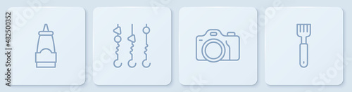 Set line Sauce bottle, Photo camera, Grilled shish kebab on skewer and Fork. White square button. Vector