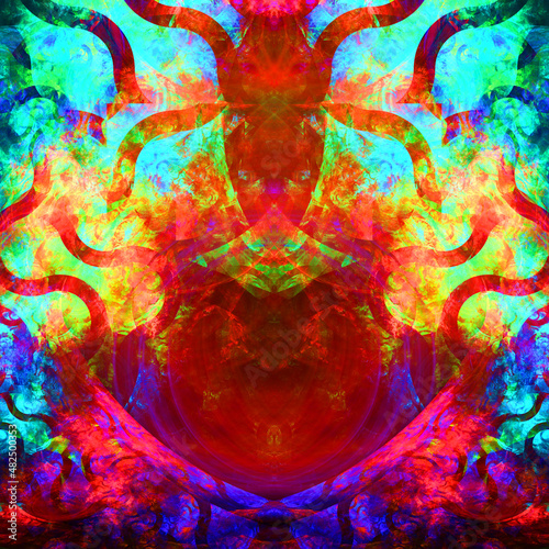 Imagen de arte digital conceptual compuesto de formas simétricas coloridas formando lo que parece ser la entrada a una estructura marciana abandonada. photo