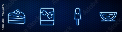 Set line Ice cream, Piece of cake, Glass whiskey with ice and Watermelon. Glowing neon icon on brick wall. Vector photo