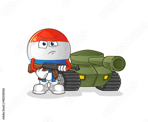 Fototapeta Naklejka Na Ścianę i Meble -  dutch flag soldier with tank character. cartoon mascot vector