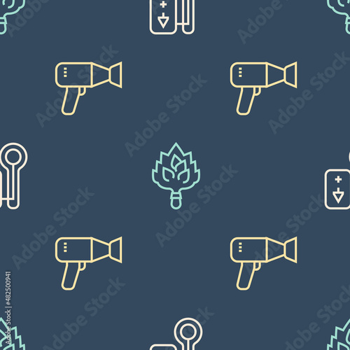 Set line Sauna thermometer, Hair dryer and broom on seamless pattern. Vector