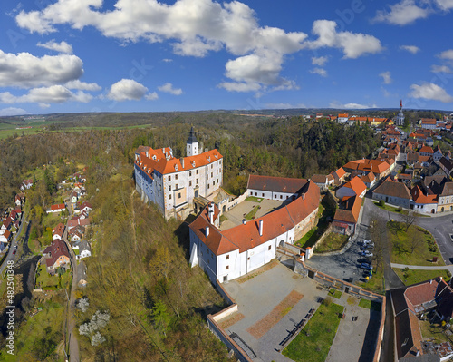 Old castle and town Jevisovice, Moravia, Czech republic, Europe. Gothic castle in the rocky meander of the Jevisovka River, rebuilt into a Renaissance and early Baroque chateau. photo