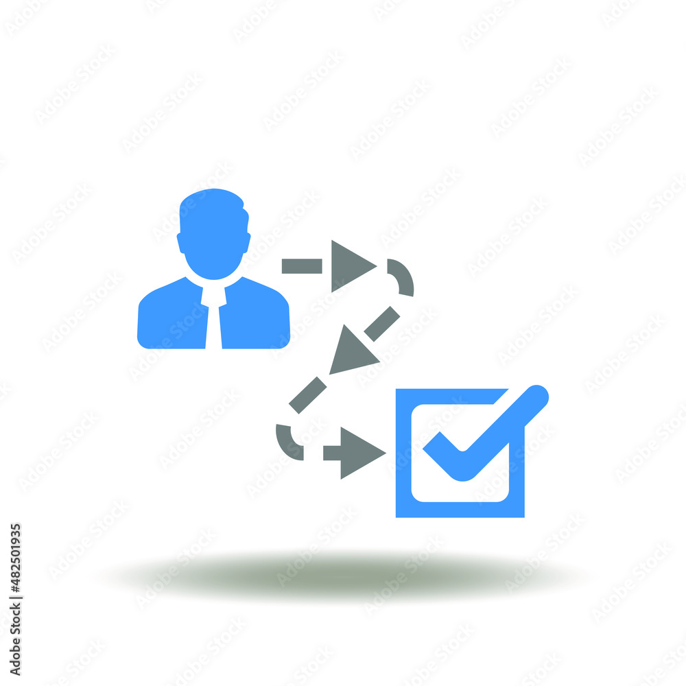 Vector illustration of man with direction arrows way and check mark. Icon of CJM Customer Journey Map. Symbol of path to success in work or career. Vector illustration of man with direction arrows way and check mark. Icon of CJM Customer Journey Map. Symbol of path to success in work or career.