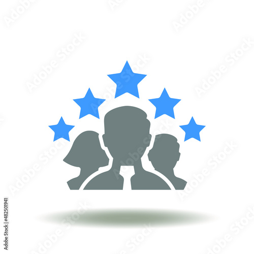 Vector illustration of people group with five stars. Icon of CX Customer Experience. Symbol of client satisfaction.