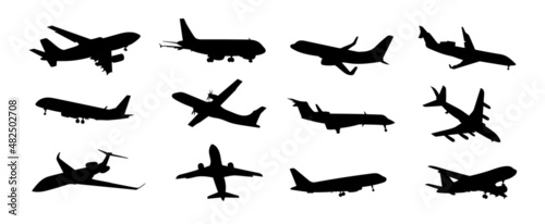 Set of black silhouettes of an airplane