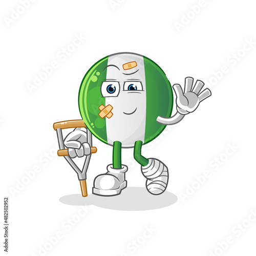 nigerian flag sick with limping stick. cartoon mascot vector