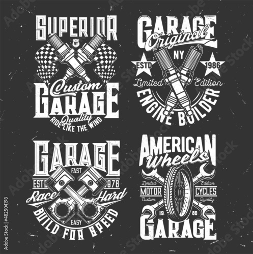 Tshirt prints vector car or motorcycle parts crossed engine valves, wheel and wrench for apparel design. Labels with typography, t shirt print, garage station or bikers club isolated monochrome emblem