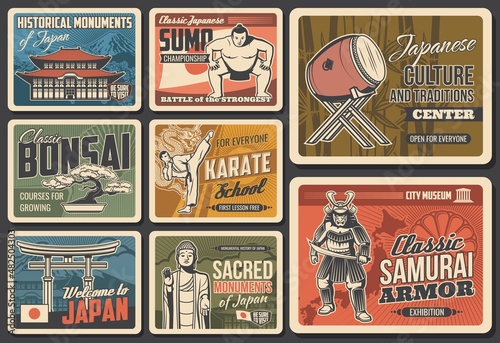 Travel to Japan vector retro posters, Japanese culture and tradition, famous landmarks, sightseeing, touristic attractions. Asian tours to historical monuments, sumo championship and music concert