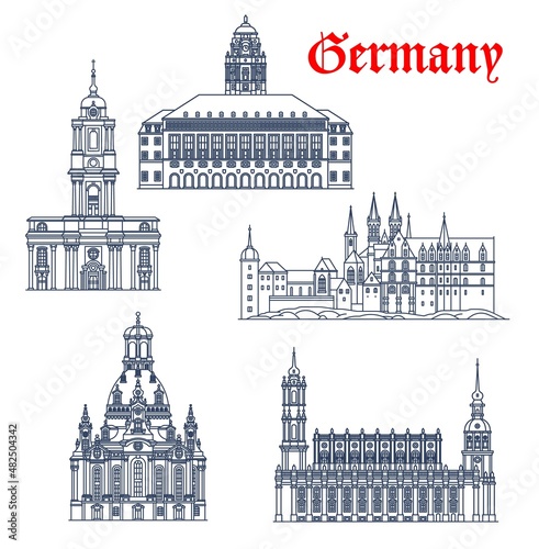 Germany, Dresden architecture vector buildings, churches and cathedrals, travel landmarks. Dresden Frauenkirche or Church of Our Lady, Holy Trinity Cathedral, Albrechtsberg Palace and Neues Rathaus photo