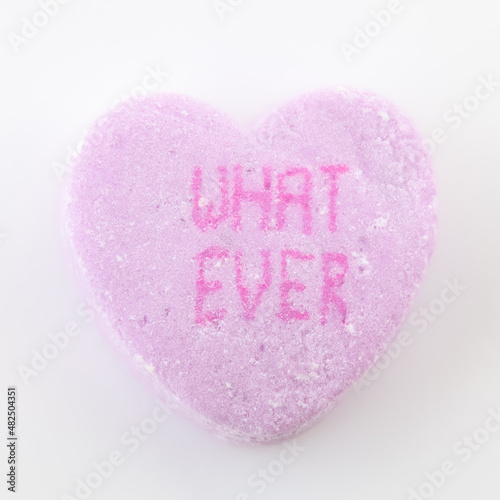 Conversation hearts on white background flat lay.
