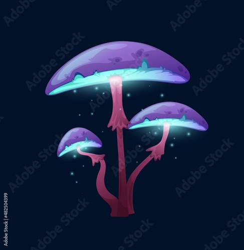 Fantasy magic purple cap mushroom. Fairytale, alien planet flora or fauna or cartoon vector organism GUI element. Luminous, extraterrestrial plant or mushroom with glowing and falling spores