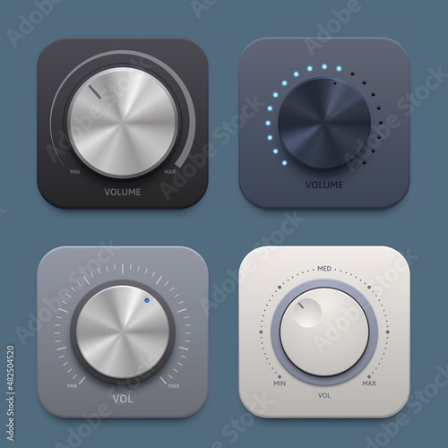 Music and sound volume knob button icons. Metallic round tuner, audio stereo system vector 3d isolated knob button for mobile application, website ui graphic. Min or max sound level, audio player app photo