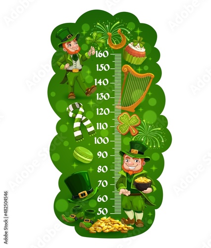 Kids height chart with cartoon cute leprechauns, vector growth measure meter. Kids height measuring scale or baby tall meter with Irish Patrick day leprechauns, gold coins, Ireland flags and candies