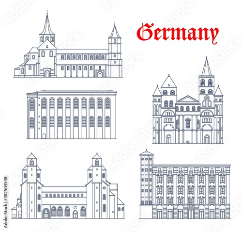 Germany vector architecture of Trier, Hildesheim and Linz, travel landmark buildings. Liebfrauenkirche and St Godehard church in Hildesheim, Church of St. Michael or Michaeliskirche and Trierer Dom